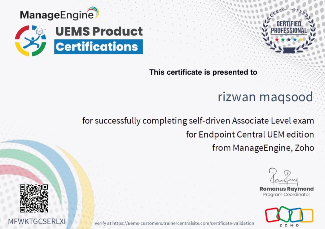 ManageEngine UEMS Associate Level certificate